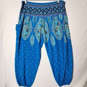 Lofbaz Harem Lounge Pants Womens Sz 3X Smocked Elastic Waist & Legs Blue Print